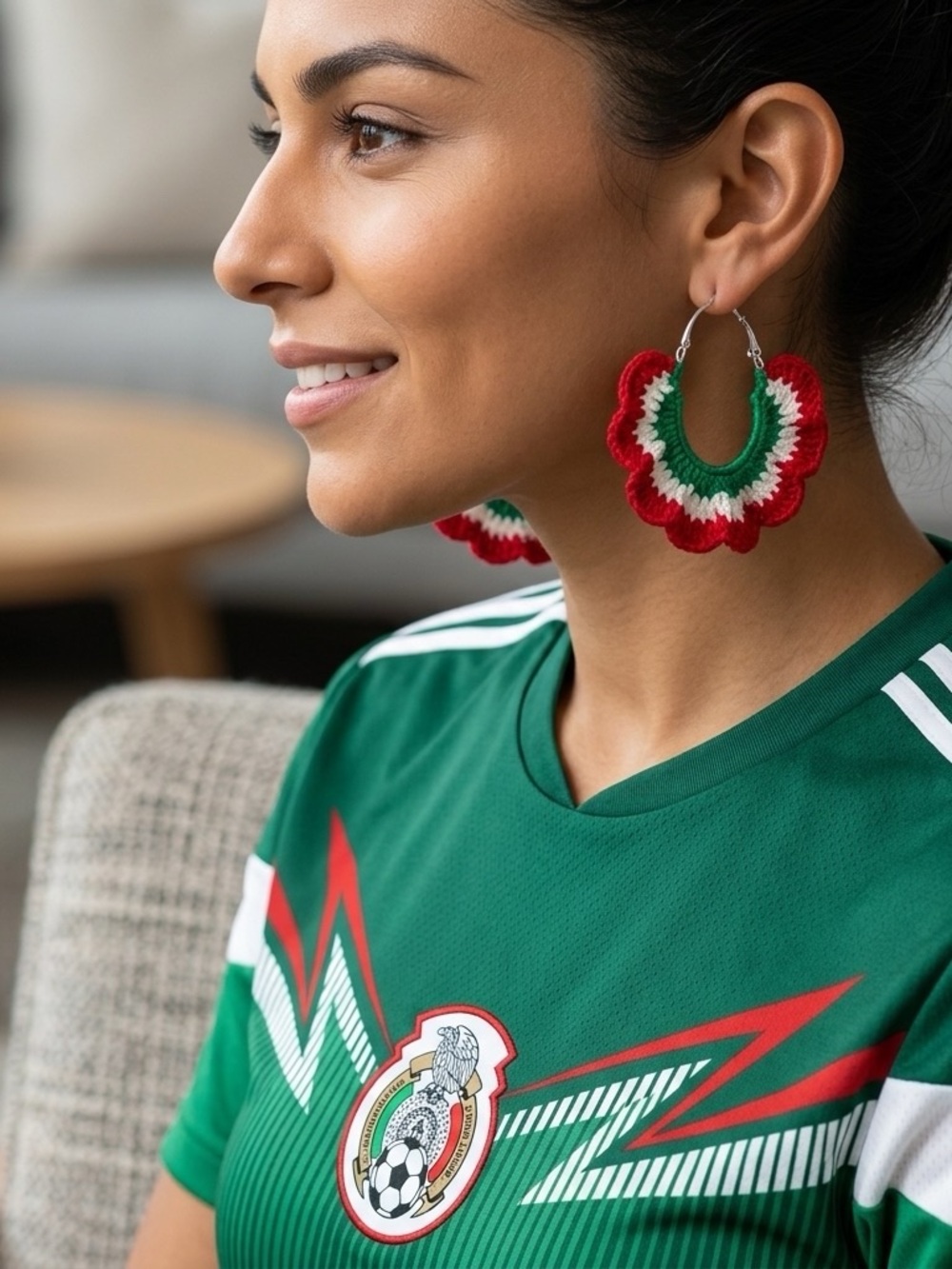 Handmade Red, White & Green Crochet Hoop Earrings
